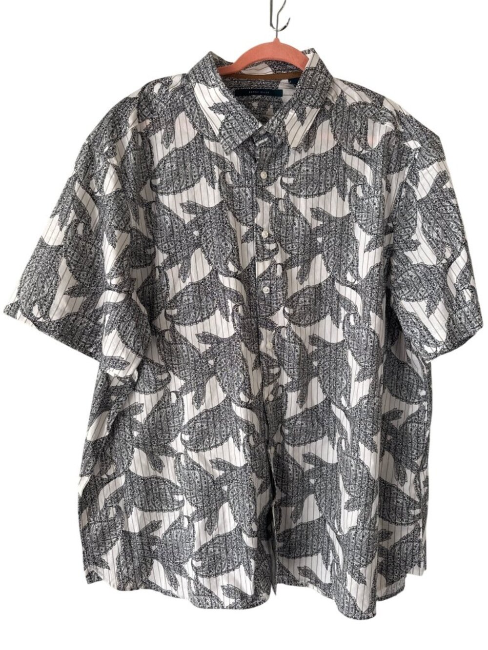 Perry Ellis Black White Paisley Button Up Shirt Short Sleeve 2X